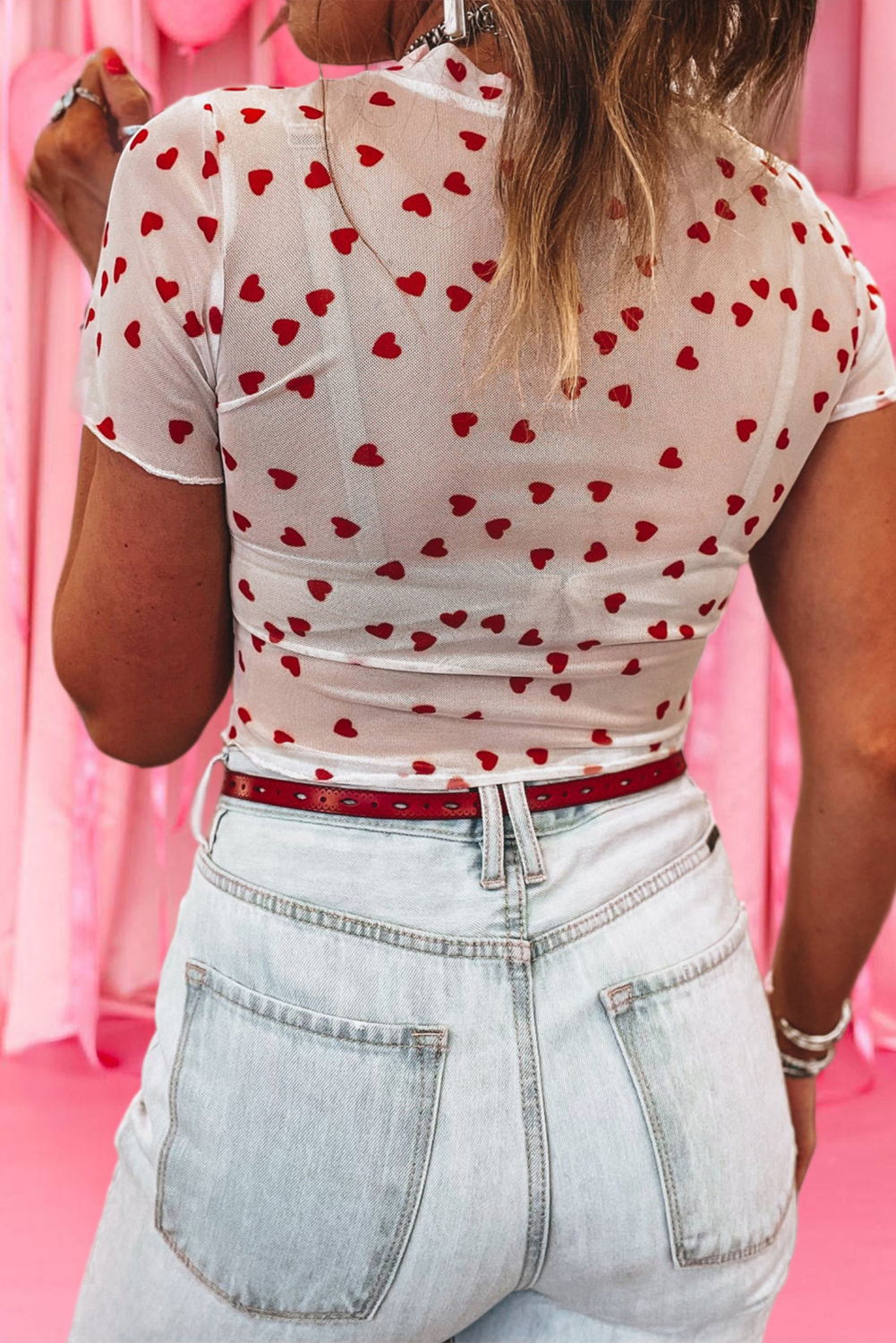 Allover Heart Mock Neck Mesh Valentine's Day Top