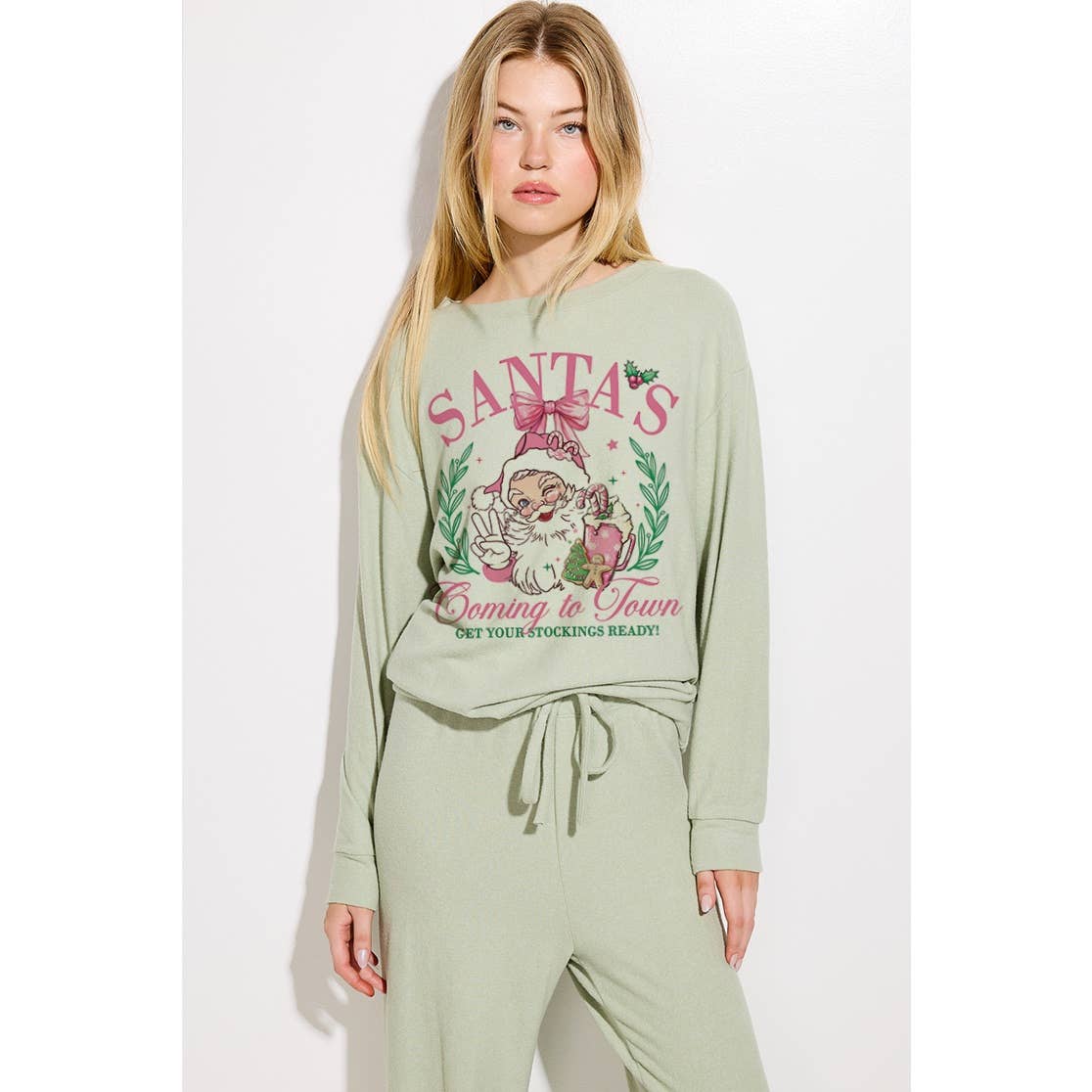 Santa Christmas print soft loungewear set