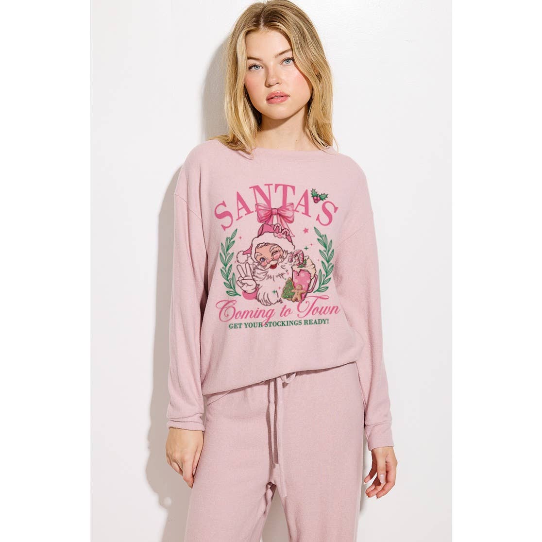 Santa Christmas print soft loungewear set