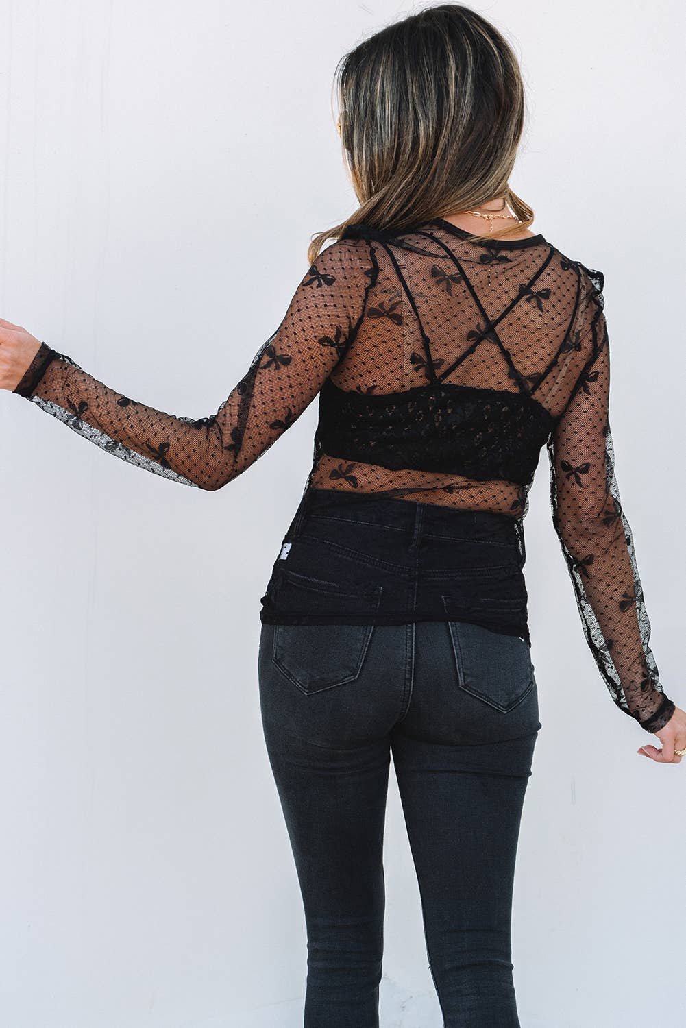 Bow Pattern Mesh Long Sleeve Top
