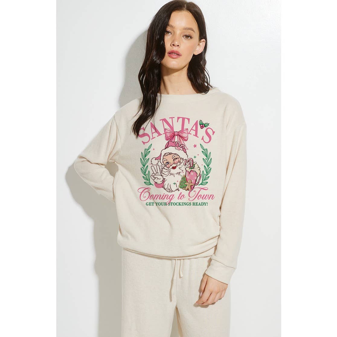 Santa Christmas print soft loungewear set