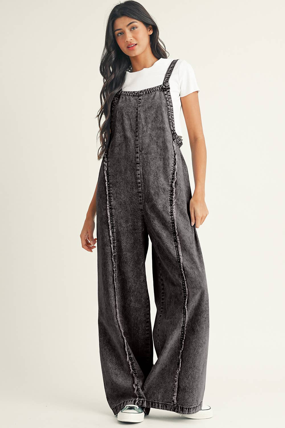 Light Wash Frayed Exposed Seam Wide Leg Denim Overall