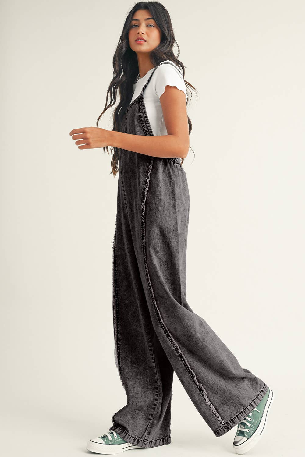 Light Wash Frayed Exposed Seam Wide Leg Denim Overall