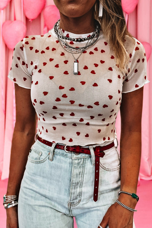 Allover Heart Mock Neck Mesh Valentine's Day Top