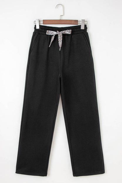 Fleece Lined Leopard Drawstring Elastic Waist Solid Pants