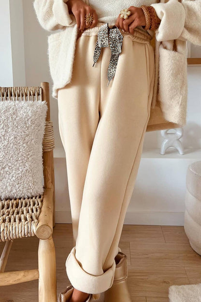 Fleece Lined Leopard Drawstring Elastic Waist Solid Pants