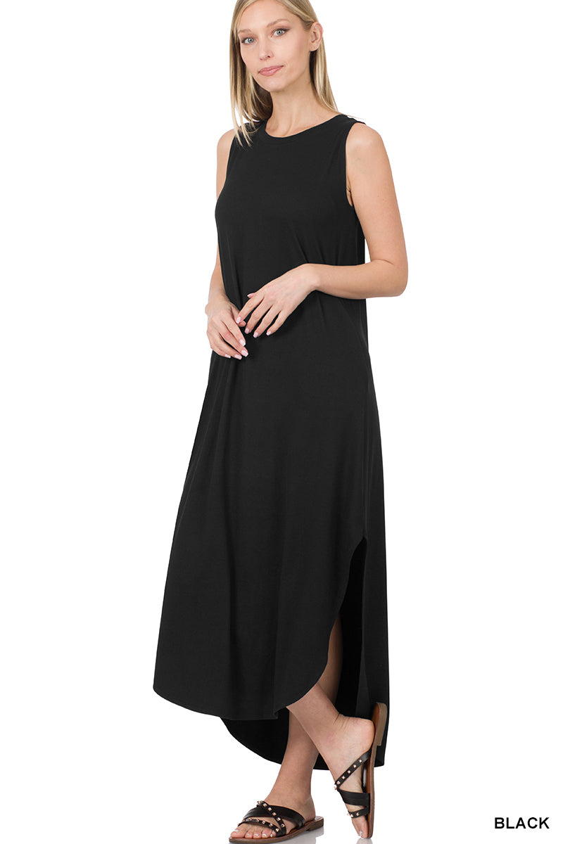 Crew Neck Dress- Brushed Fabric Side Slit with Pockets