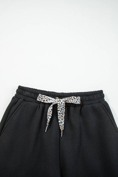 Fleece Lined Leopard Drawstring Elastic Waist Solid Pants