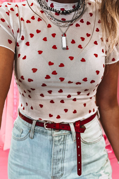 Allover Heart Mock Neck Mesh Valentine's Day Top