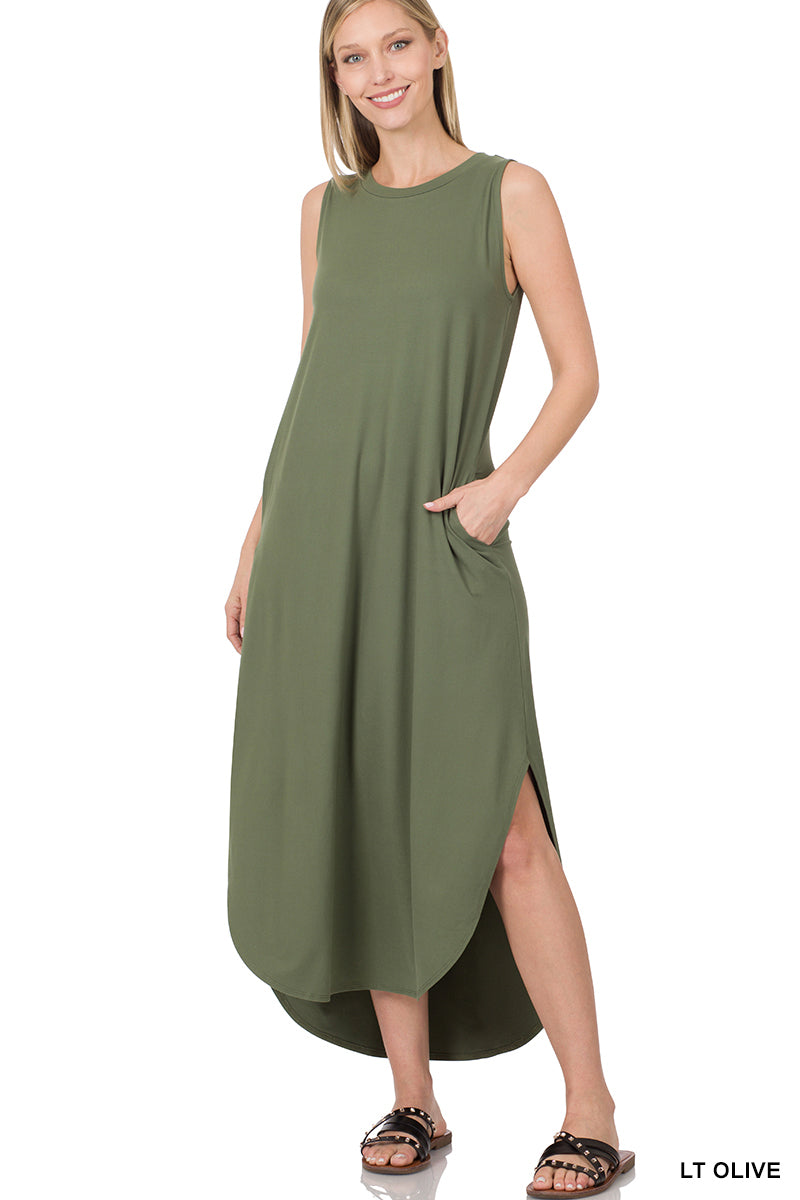 Crew Neck Dress- Brushed Fabric Side Slit with Pockets