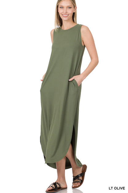 Crew Neck Dress- Brushed Fabric Side Slit with Pockets