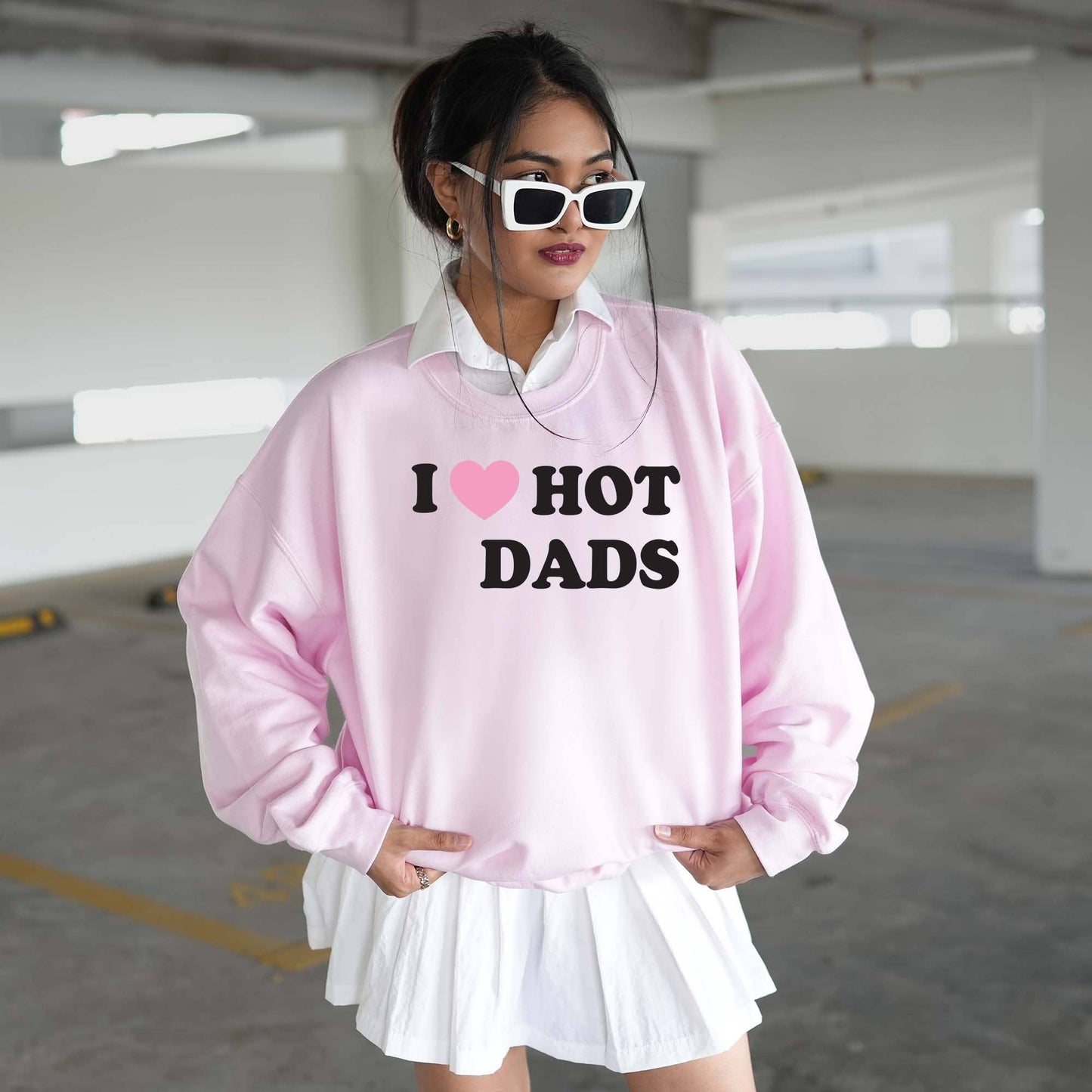 I Love Hot Dads Pink Crew